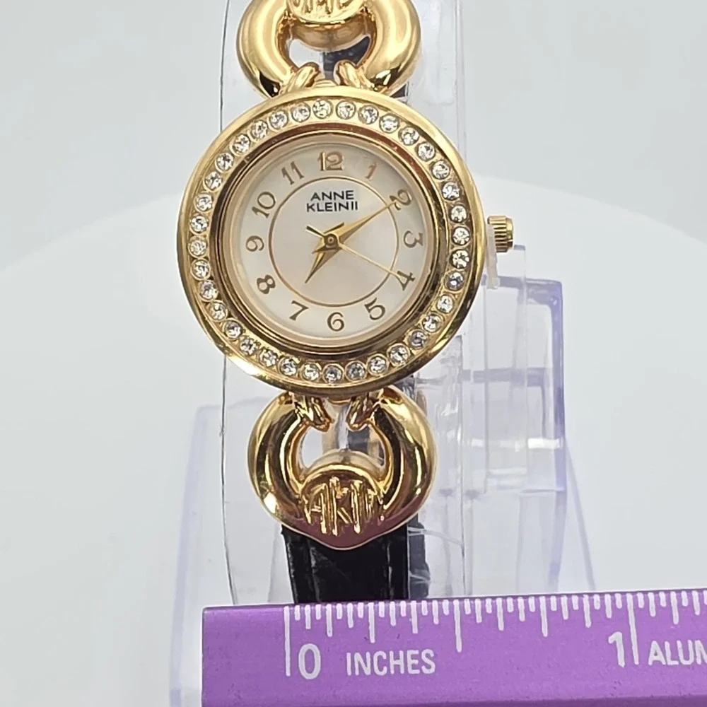 Vtg ANNE KLEIN II Ladie's Watch Women's Crystal Studded Gold Plate Leather 7.25